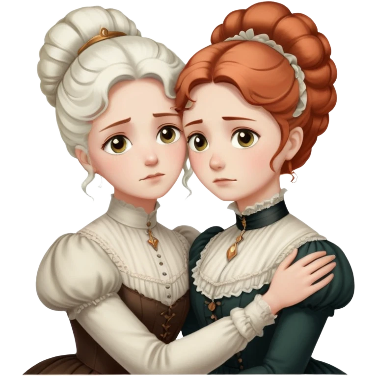 Two Victorian women with light eyes, one with white coiffed hair and one with copper coiffed hair, wearing Victorian high-neck dresses, embracing in a sad intimate hug emoji