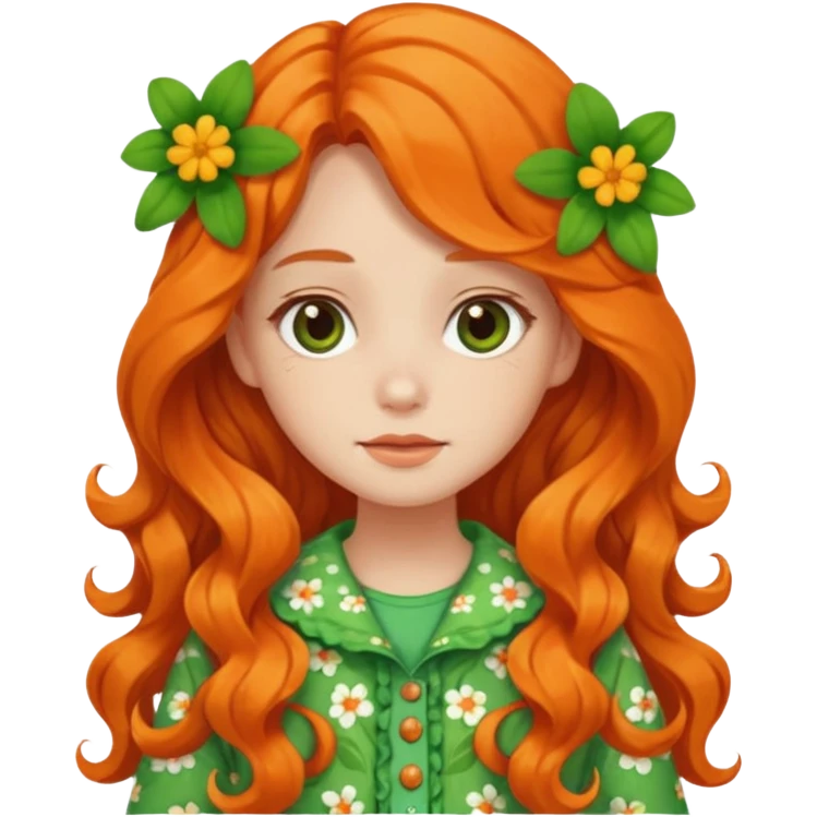 orange wavy long hair girl with wearing green cottage core flowery clothes emoji