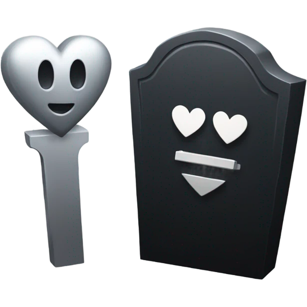 a black tombstone in silver RIP and a silver heart emoji