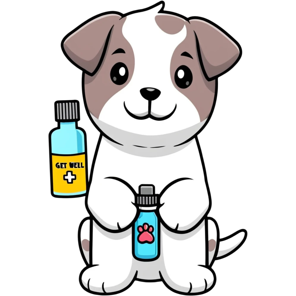 cute puppy with medicine bottle and get well soon message emoji