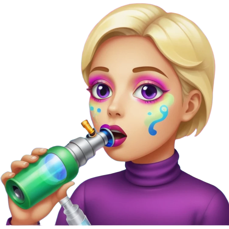 Emoji-style face inhaling from Galaxy Gas nitrous oxide canister, mouth on nozzle, kaleidoscope psychedelic eyes, colorful vapor swirling emoji
