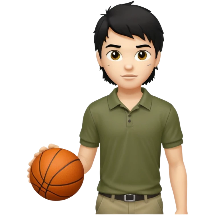 generate a pretty fair bratz boy with a long messy mullet (black hair), carrying a basketball in one hand. Smirking .  Wearing an olive polo shirt. Lean but biceps emoji