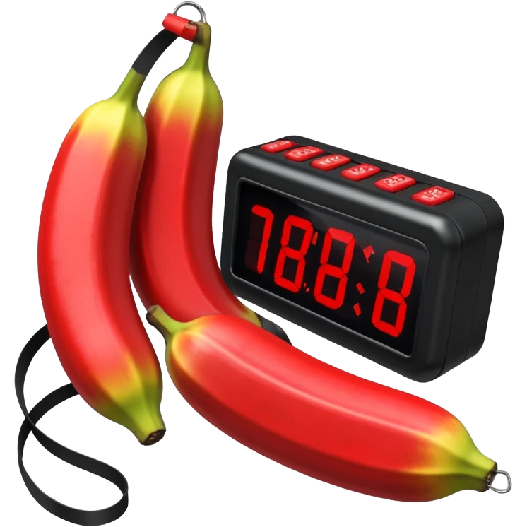 um explosivo improvisado composto por sete bananas de dinamite vermelhas presas por fita preta. O dispositivo inclui um temporizador digital de LED vermelho e uma placa de circuito com fios coloridos e um botão de ativação. Tudo está isolado sobre um fundo branco. emoji