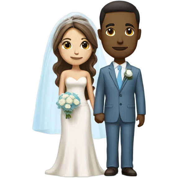 grown bride have short brown, she is wearing a long veil and is holding a white rose bouquet. The grown groom have also brown hair and is wearing a cream suit with a sky blue tie and breast pocket with a boutonniere emoji