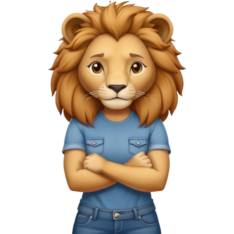 female anthropomorphised lion character standing confidently with arms folded wearing jeans and a t-shirt emoji