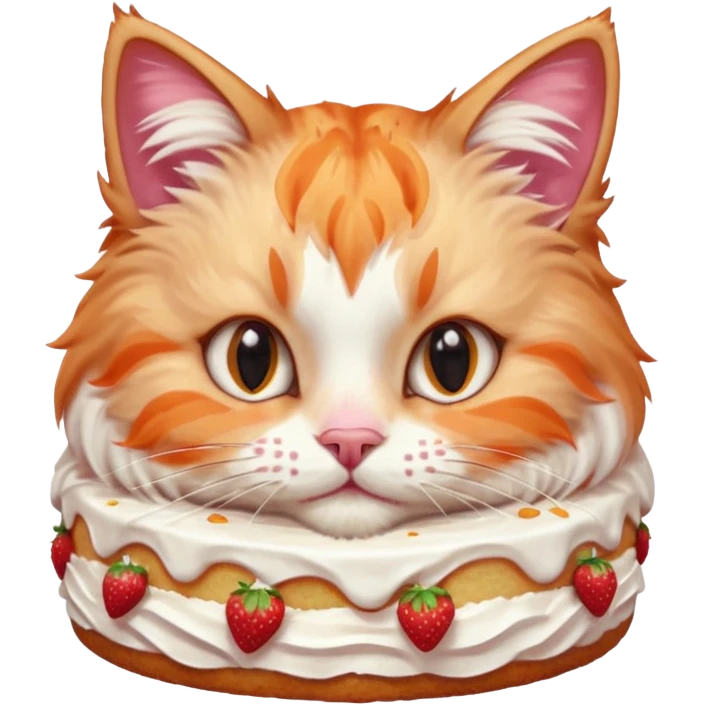 Close-up portrait of a fluffy cat eating a strawberry cake, pink cream on its nose and whiskers, detailed fur texture, soft natural light, shallow depth of field, high resolution, cute and candid moment
, emoji