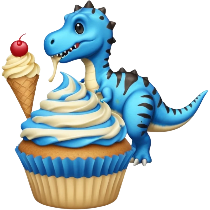 A cupcake having blue and black icing and a dinosaur as a decoration and ice cream next to it emoji