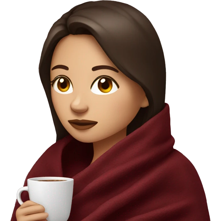 Brunette girl inside a maroon blanket sipping coffee eyes closed emoji