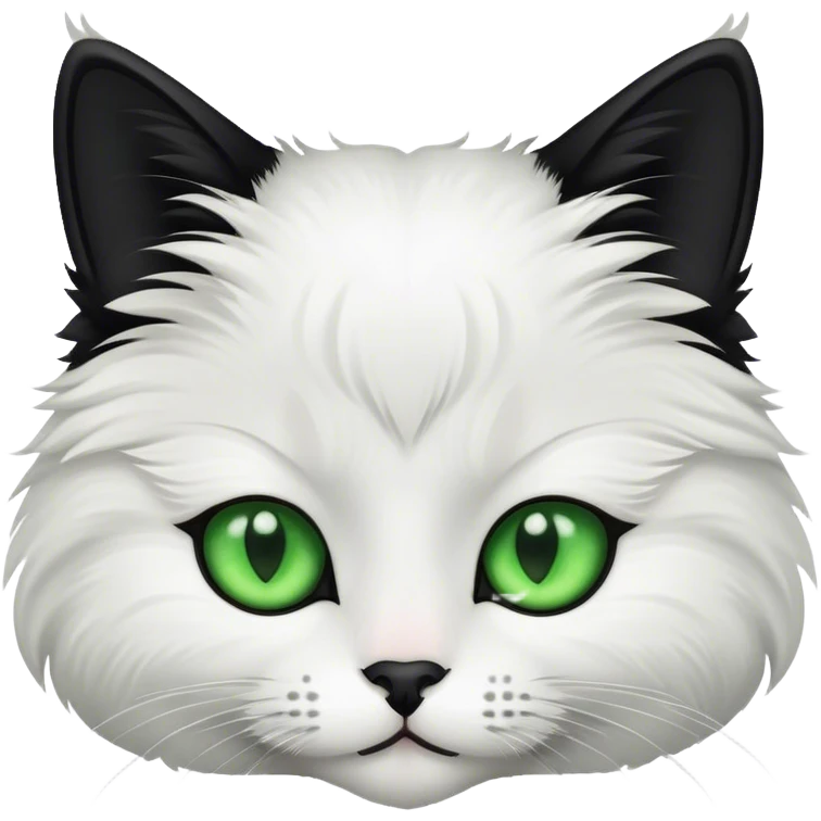 This is a fluffy black and white cat with green eyes emoji