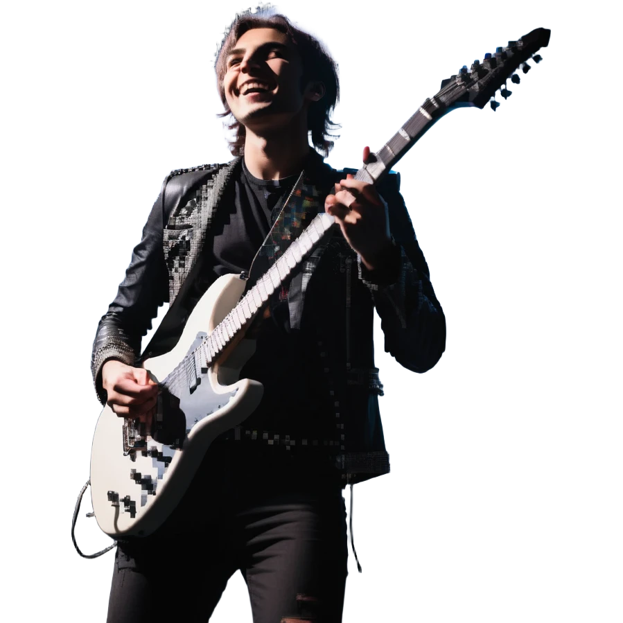 Rockstar musician with a confident smile looking up, electric guitar, stage lights, performing emoji