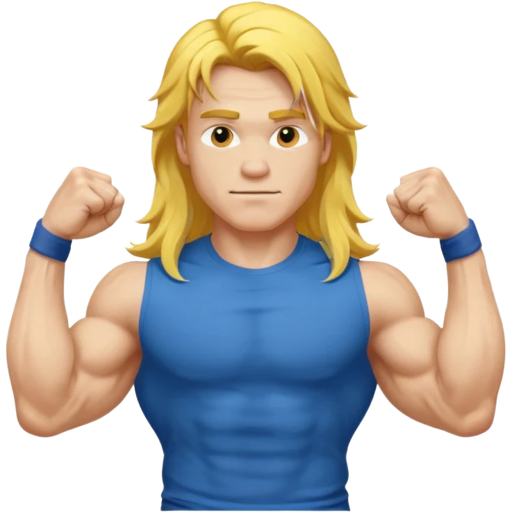 young guy with biceps fkexing, long yellow hair, blue t-shirt emoji