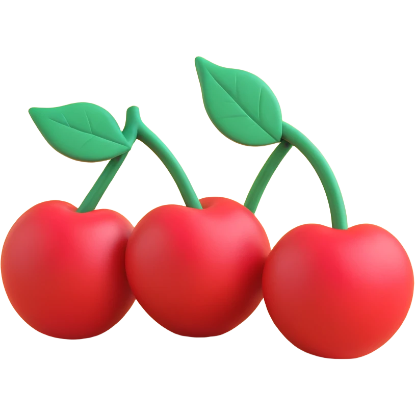 Two cherries with a leaf on a white background in iOS 3D style: soft shapes, smooth shadows, plasticine 3D effect, bright colors. emoji