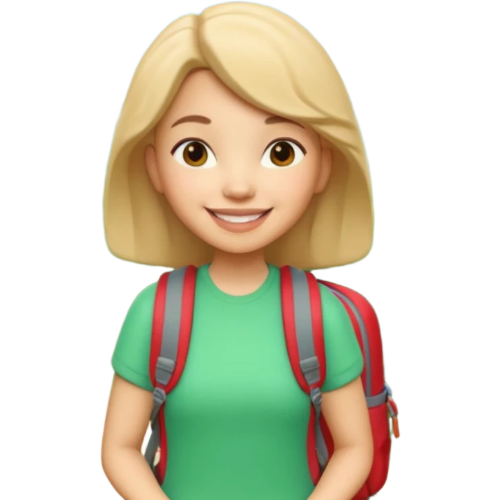 A 3D cartoon woman with a backpack smiling outdoors, surrounded by greenery, Memoji-style realism. emoji