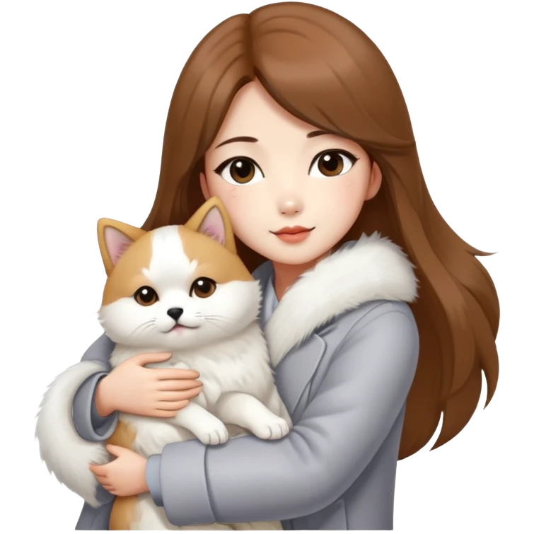 A Chinese fashion girl with brown hair, wearing a light gray fur coat, hugging a Shiba Inu and a long-haired white Persian cat. emoji