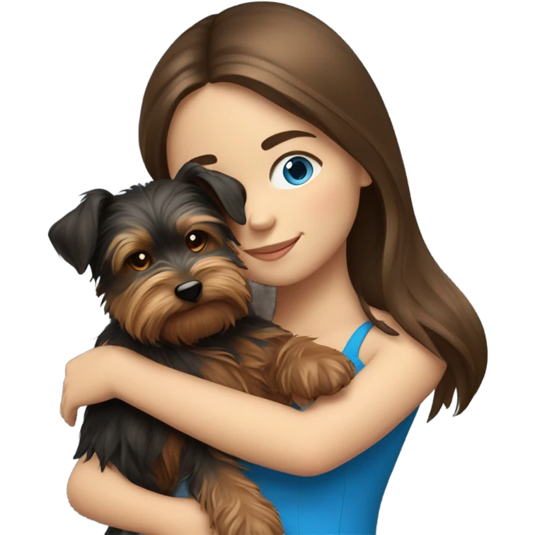 Realistic brunette girl with bright blue eyes hugging Yorkshire terrier  emoji