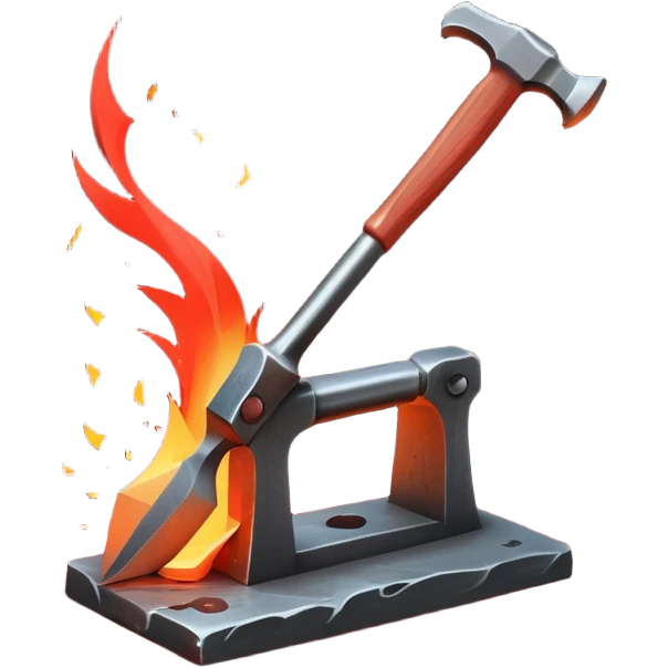 Blacksmithing icon, forged metal piece being shaped with hammer and anvil, glowing red-hot metal, blacksmith tools like tongs and chisel, sparks flying, minimalistic style, clean lines emoji