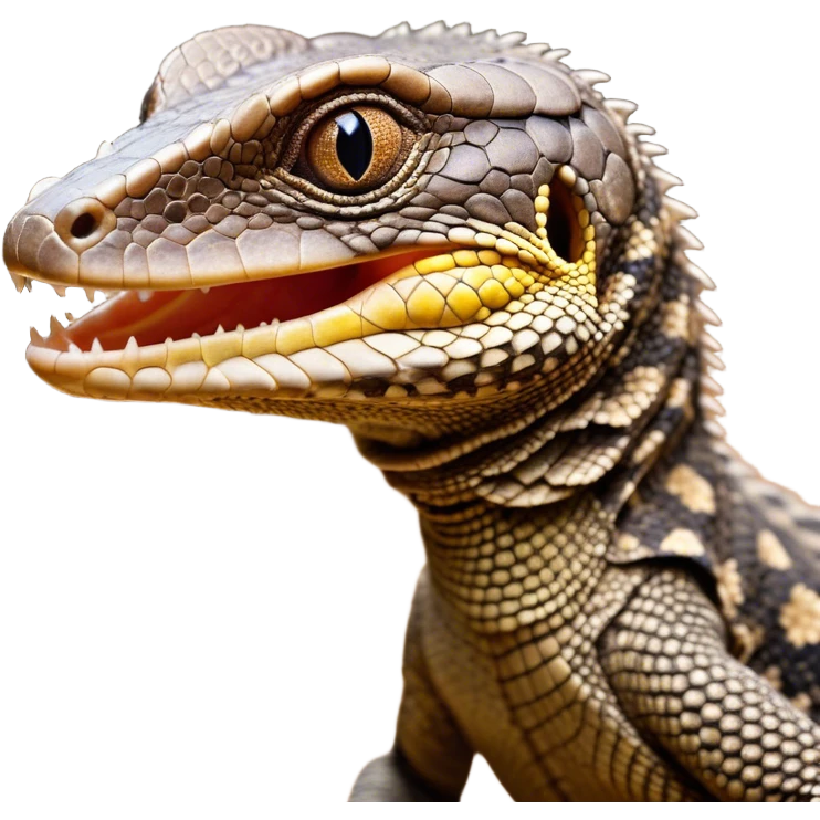 Cinematic Comical brown camo spotted monitor Lizard Portrait Emoji, Head tilted dramatically with an exaggeratedly shocked expression, featuring a robust, patterned body with wide, comically expressive eyes full of humorous disbelief, Simplified yet hilariously expressive features, highly detailed, glowing with a slightly sassy glow, high shine, dramatic yet playful, stylized with an air of quirky reptilian attitude, soft glowing outline, capturing the essence of a meme-worthy brown camo spotted monitor lizard that looks ready to side-eye its way into viral fame! emoji