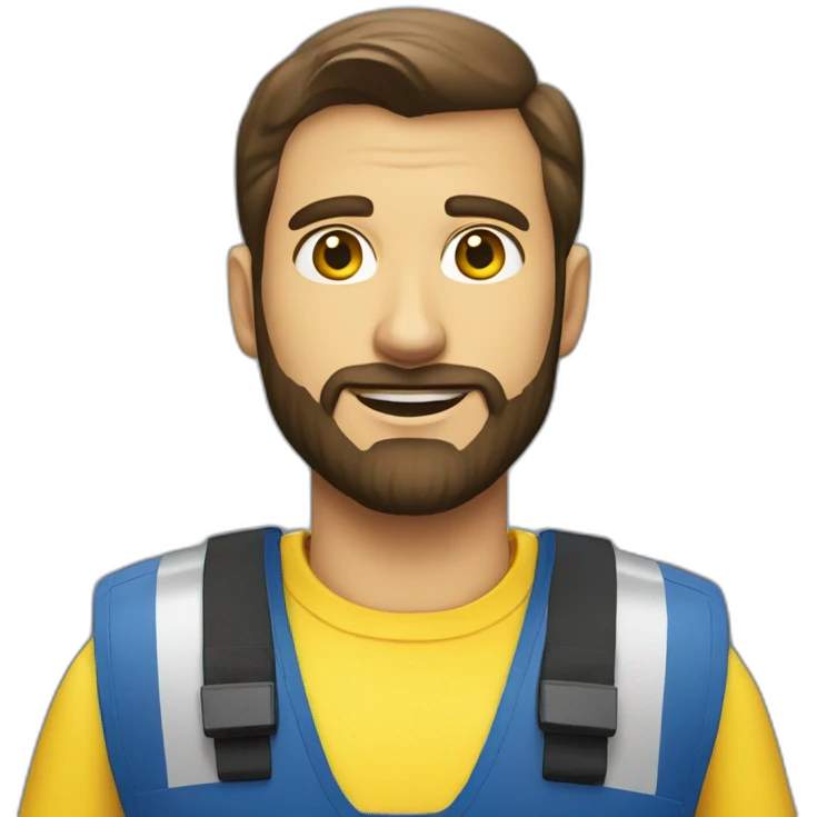 Ikea coworker blue eyes beard manager man blue stripes t-shirt and yellow security vest emoji