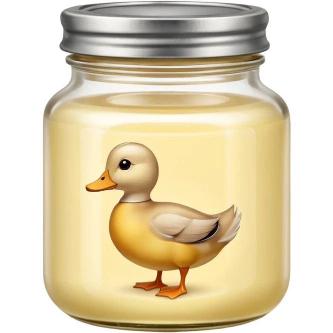 small squat glass jar of pale yellow duck fat with a metal lid, creamy layer visible, no label or extras, soft lighting, subtle shadows, emoji scale emoji