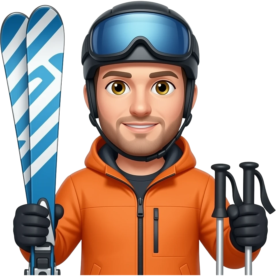 man holding blue and white patterned skis in one hand and poles in the other, no helment, hazel eyes, organge jacket, no bead, no stubble, clean shaven emoji