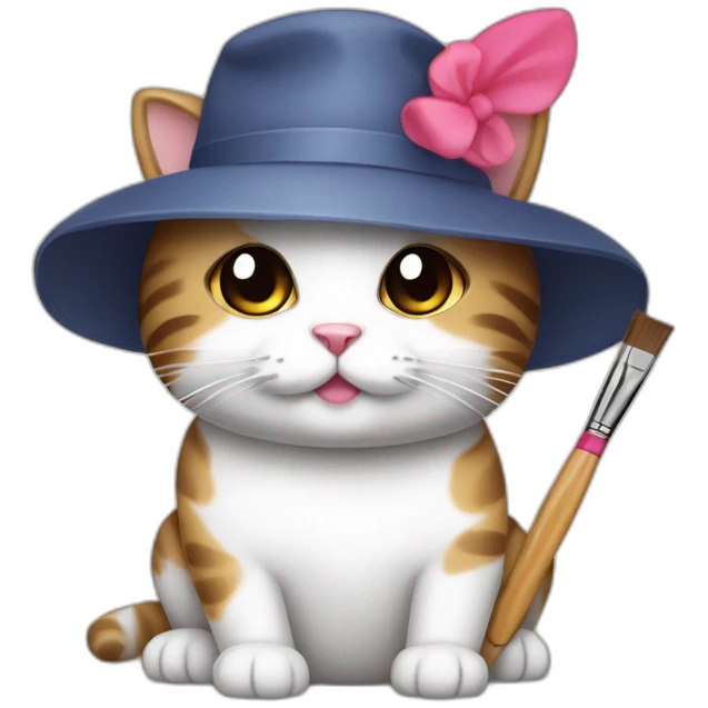 Kawaii cat artist in hat with a brush so it can be used as a mouse cursor emoji