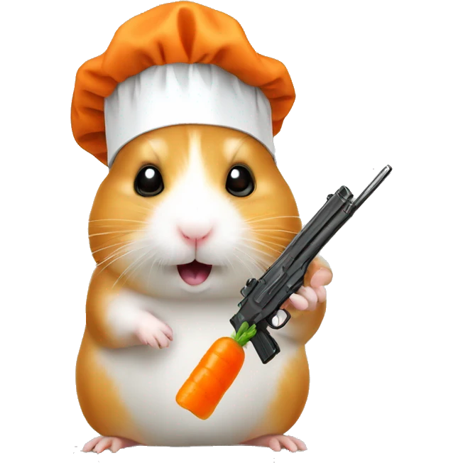 hamster with a gun in one hand a carrot in the other and a chef hat emoji