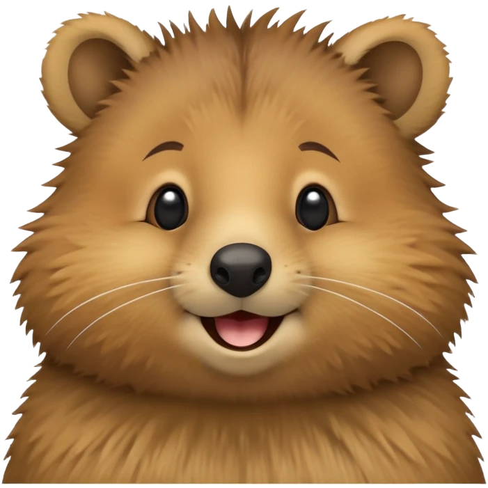 cinematic-realistic quokka-emoji,-small-round-frame, head tilted in an endearing manner, comical smile, giant-fluffy-cheeks-large-smile-fluffy-brown-fur-radiating-a-warm-softness,-big-round-eyes-filled-with-joy, realisticround  fluffy zoomed in, large black eyes emoji
