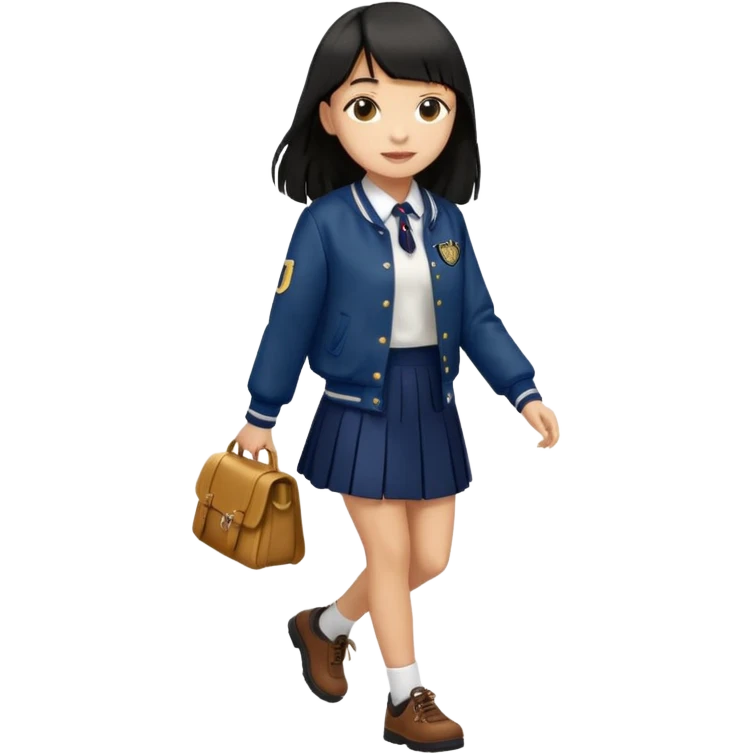 hair : black long hair with fringe 
skin : light 
cloth : deep brown varsity jacket + navy long long school girl skirt 
motion : walking 


 emoji