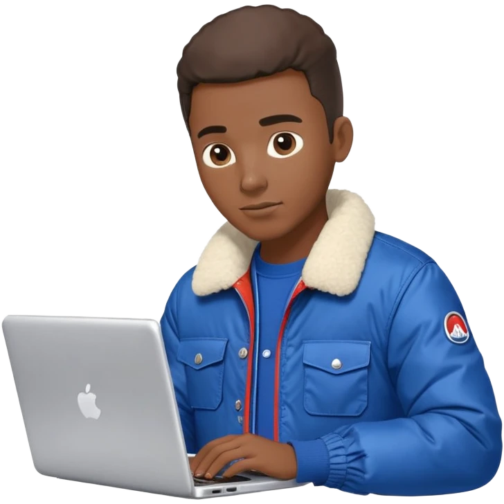 Black guy in a blue moncler jacket and a work shirt typing on a laptop  emoji