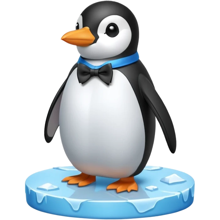penguin, blue bow tie, standing on small ice melting block emoji