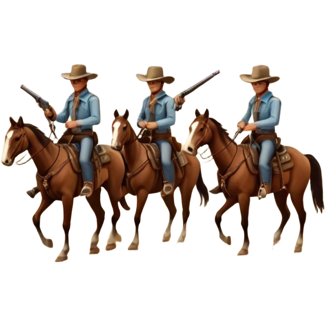 Icon for Western: A vintage movie poster-style design with cowboys on horseback, dusty desert landscape, and a setting sun. Include cowboy hats, revolvers, and an old saloon. The design should have bold typography and a retro cinematic feel. Transparent background. emoji
