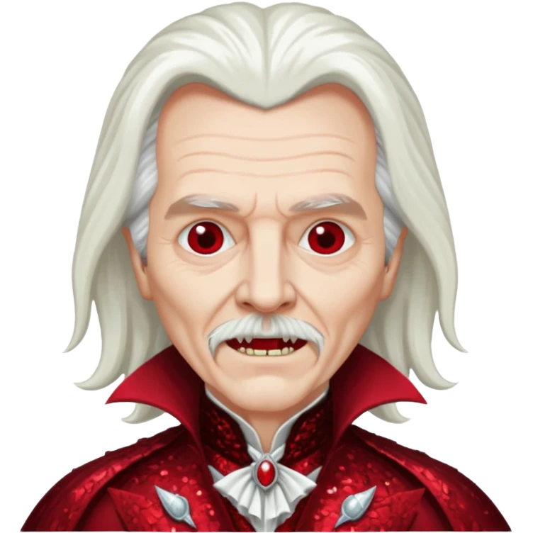 Gary Oldman as Dracula with long white hair, dark red sequin outfit, without glasses emoji