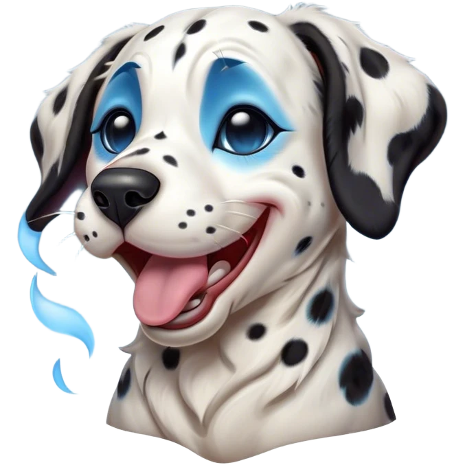 Cinematic Cute Yawning Harlequin Dalmatian Portrait Emoji, Head tilted slightly with a dramatic, wide-open yawn, showcasing a smooth Fur of predominantly white with bold black patches, floppy ears slightly drooping, round blue eyes barely open in drowsy contentment, Simplified yet irresistibly adorable features, highly detailed, glowing with a soft, cozy glow, high shine, relaxed yet expressive, stylized with a touch of whimsy, bright and endearing, soft glowing outline, capturing the essence of a sleepy yet affectionate guardian, so drowsy it feels like it could stretch out of the screen and curl up for a nap! emoji