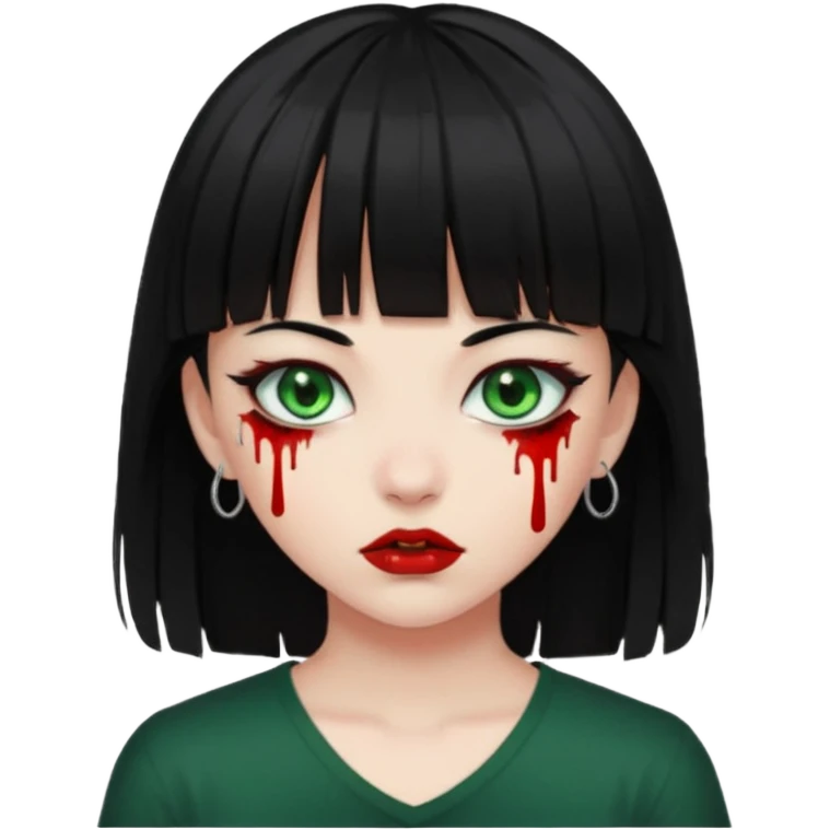 Guria com cabelo preto franjinha sangrando olhos verdes  fundo preto e um piercing bridgepiercing emoji