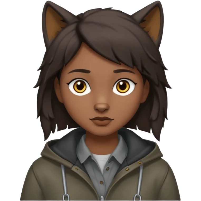 Hobo tomboy with dark brown hair in a wolf cut style that is parted in the middle. brown eyes, dark dull brown coat, grey shirt. emoji