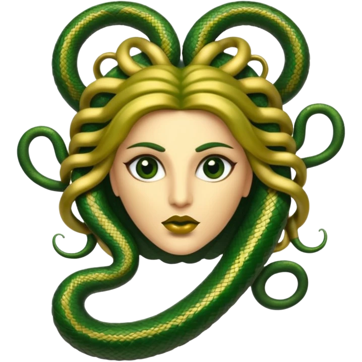 The Sicilian Medusa in gold and green and make the snake hair have snake faces  emoji