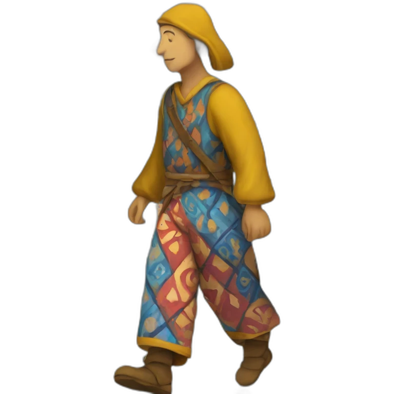 person wearing colorful pattern wide pants, walking, medieval emoji