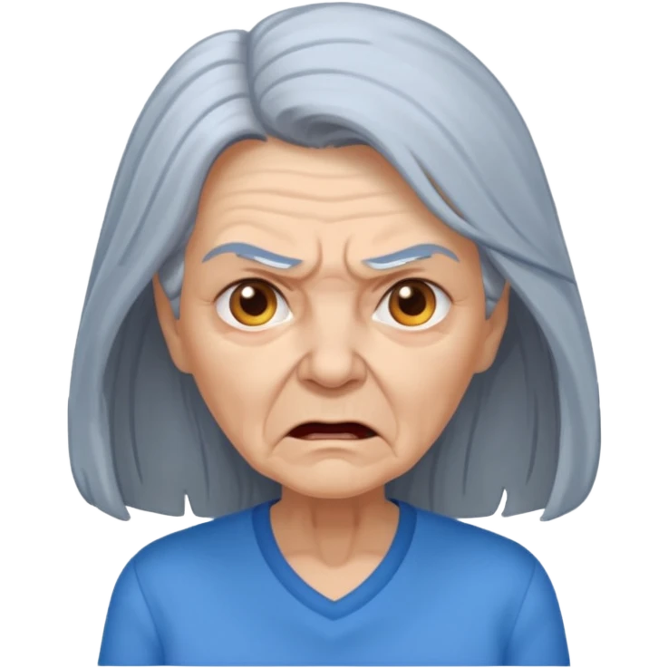 a portrait of angry elderly woman, long hair, wearing shirt emoji