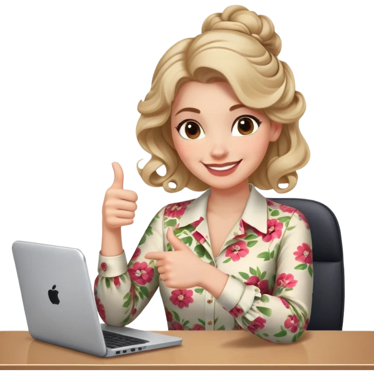 Gender: Female Hair: Perfectly curled half-updo (business on top) Face: Professional smile above camera frame Clothes: Floral blouse top with pajama pants hidden below Action: Thumbs-up gesture while secretly texting under desk emoji