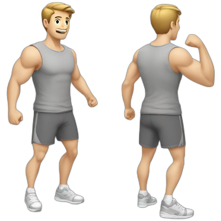 To belt Actively gesturing with hands Pale skinned Fit Man With the biceps and light brown hair in gray shirt, gray oversize sports shorts and white Sneakers emoji