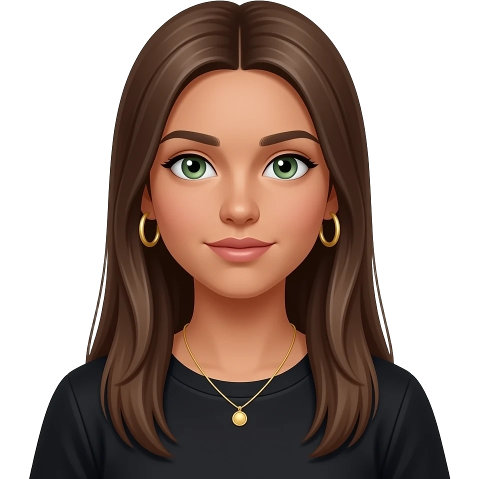 17 year old girl with straight very long medium/light brown hair, green-grey eyes, tan skin, gold hoop earrings, dainty gold necklace, wearing a black top emoji