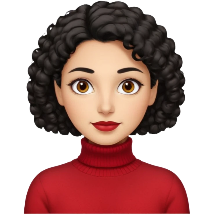 30 yr iranian woman black hair curly wavy short hair, red turtle neck sweater, very thick eyebrows, light skin, dark brown eyes, small smile emoji