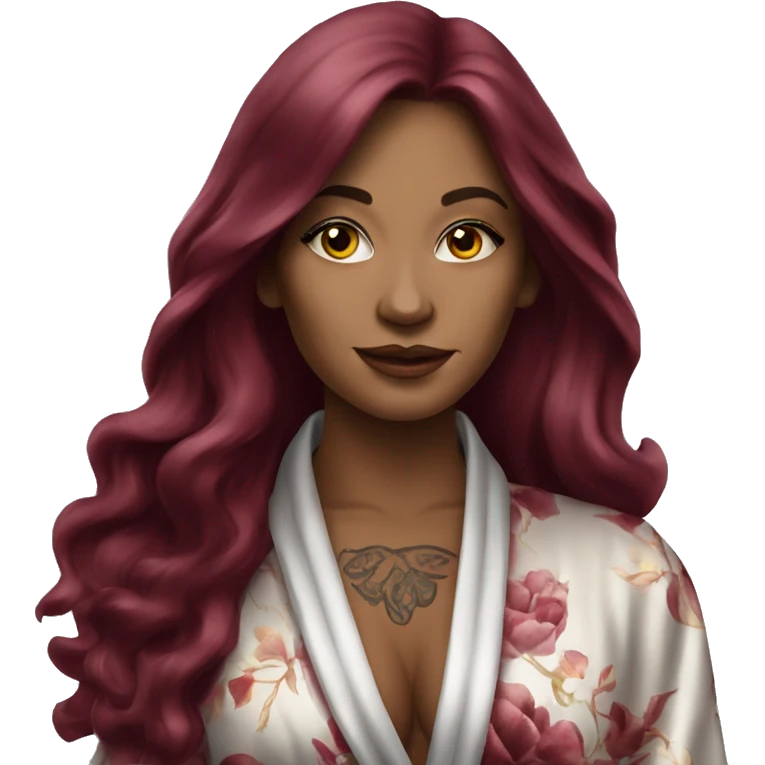 Beautiful tattooed burgundy long haired woman in silk robe emoji