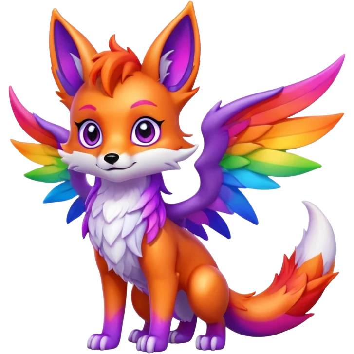 Cartoon Fox dragon hybrid purple eyes with wings face front full body rainbow colored emoji
