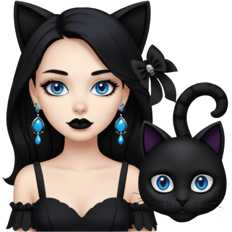 A girl with long black hair and blue eyes, black eyeshadow, black cat eye liner, mascara, and black lipstick,and black skull earrings. Also a black sexy dress   emoji