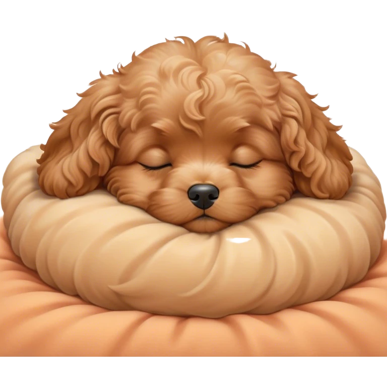 Cinematic cute Sleeping Cavoodle Portrait Emoji, cute and serene, with a round, cuddly build and a soft, curly apricot coat with subtle white patches, eyes gently closed in peaceful slumber, Simplified yet irresistibly endearing features, highly detailed, glowing with a gentle, dreamy glow, high shine, relaxed and content, stylized with a touch of whimsy, bright and heartwarming, soft glowing outline, capturing the essence of a blissfully sleepy companion, so comically serene it feels like it could roll out of the screen and snore with adorable charm! emoji