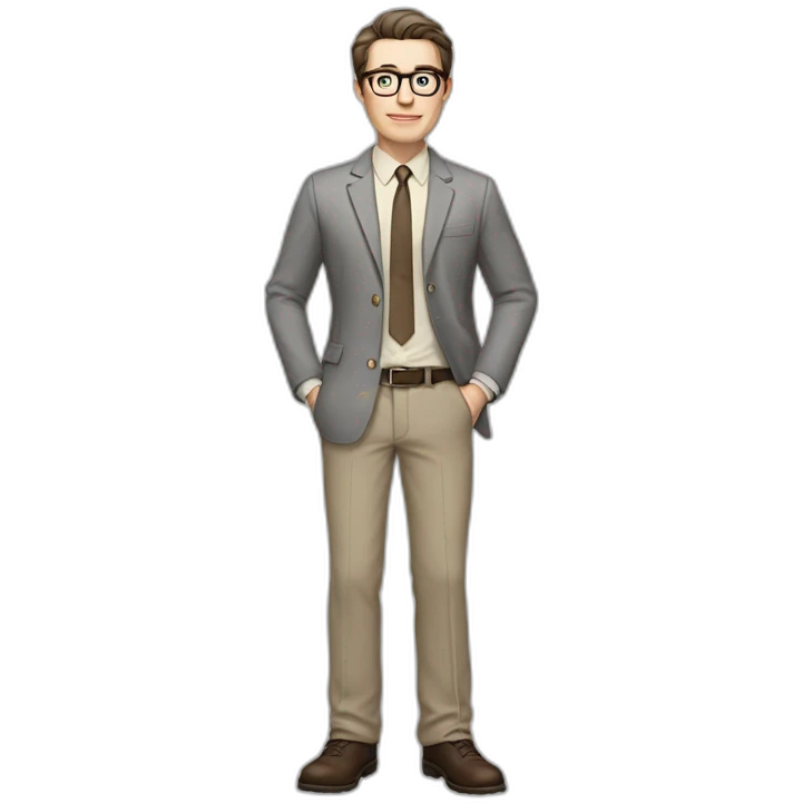 Full height Actively Gesturing Pale skinned fit man with dark brown hair in gray jacket, beige office shirt, brown tie, brown pants and vintage glasses. emoji