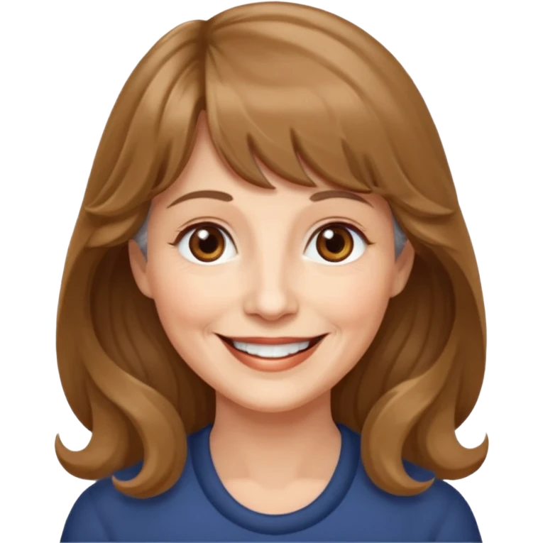 60 yr old woman, very small brown eyes, long wavy light brown hair, bangs,  emoji