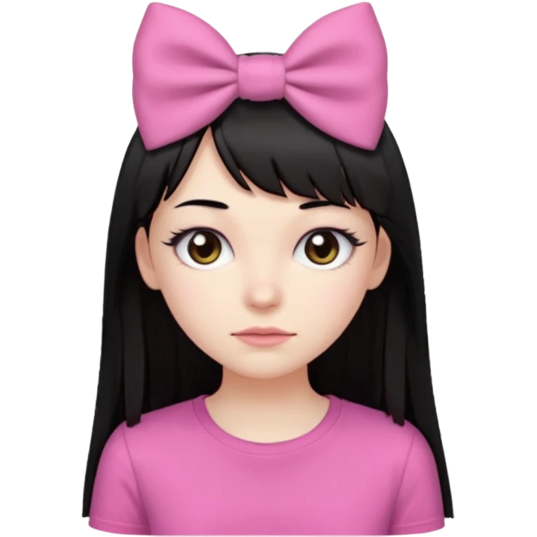 девушка с бледной кожей у неё длиные прямые черные волосы и челка прямая ниже бровей глаза коричневого цвета худая у неё длиные ресницы одета в розовую футболку и на влосах слева бантих emoji