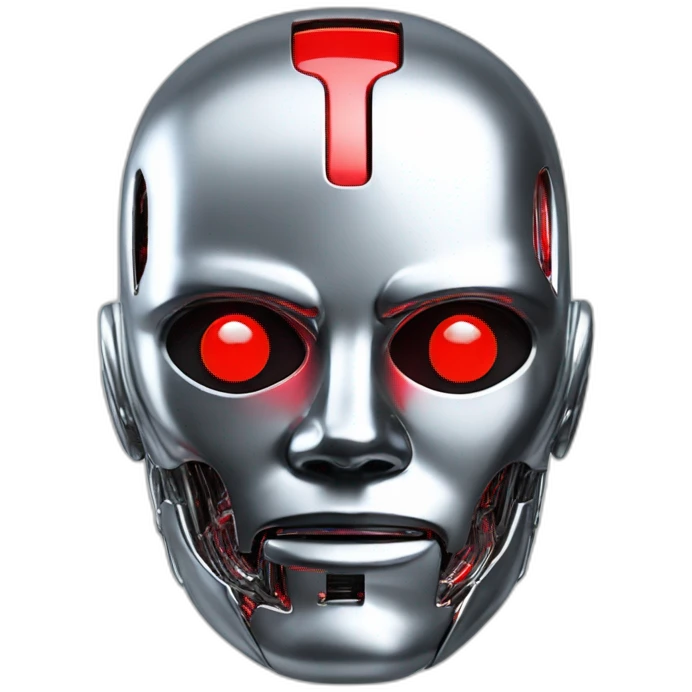 3d glitch chrome human android head, red lazer eyes with letter B on the face, 3d, portrait emoji